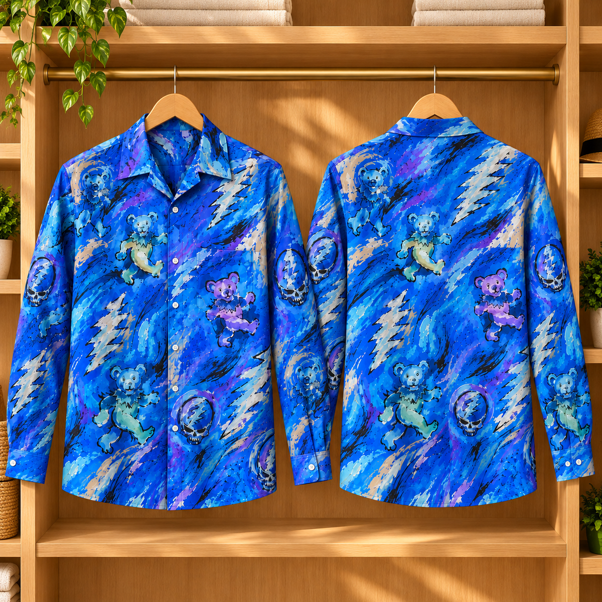 Grateful Dead Long Sleeve Shirt – Dancing Bears & Steal Your Face Button Up, Blue Psychedelic Tie Dye Rock Band Shirt, Deadhead Gift