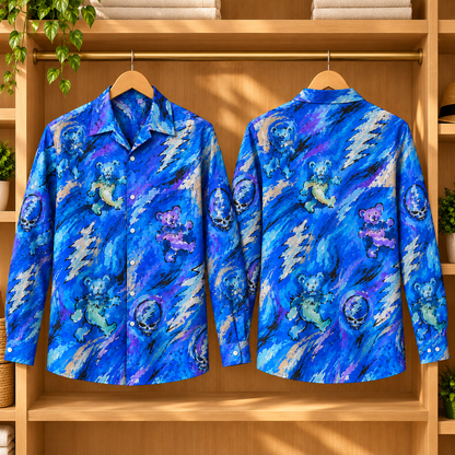 Grateful Dead Long Sleeve Shirt – Dancing Bears & Steal Your Face Button Up, Blue Psychedelic Tie Dye Rock Band Shirt, Deadhead Gift