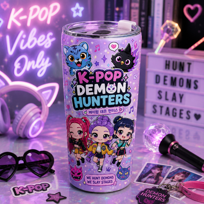 K-Pop Demon Hunters 20oz Kids Tumbler – Cute Chibi Anime K-Pop Fan Stainless Steel Travel Mug, Double-Wall Insulated Cup Gift