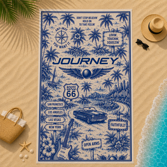 Journey Band Beach Towel – Vintage Tropical Route 66 Road Trip Toile Design for Classic Rock Fans