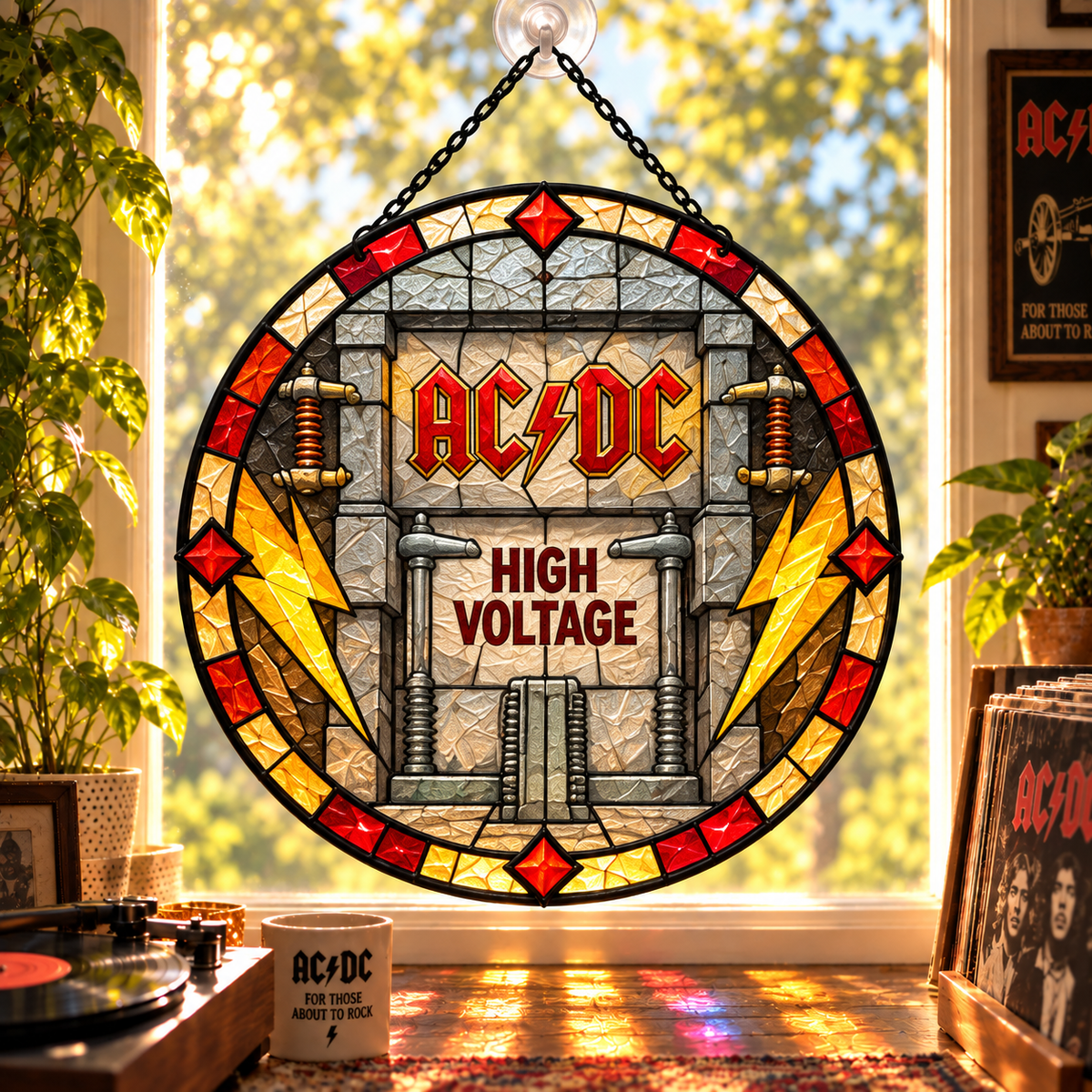 AC/DC Suncatcher, 9 Album Stained Glass Window Hanging, High Voltage Powerage Highway to Hell Classic Rock Gift