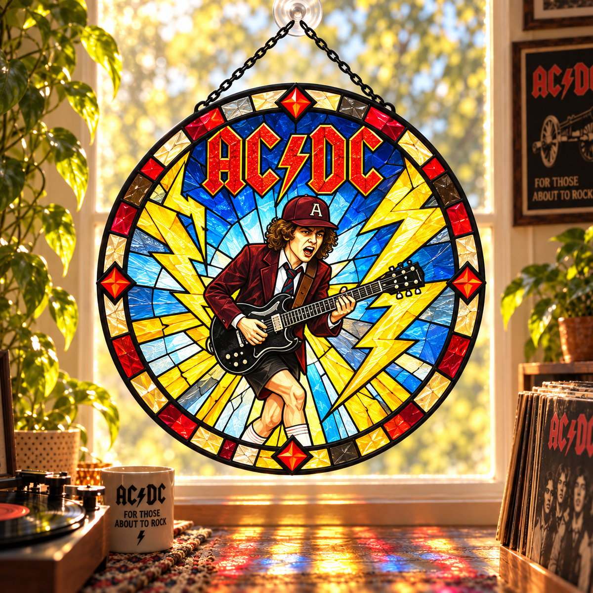 AC/DC Suncatcher, 9 Album Stained Glass Window Hanging, High Voltage Powerage Highway to Hell Classic Rock Gift