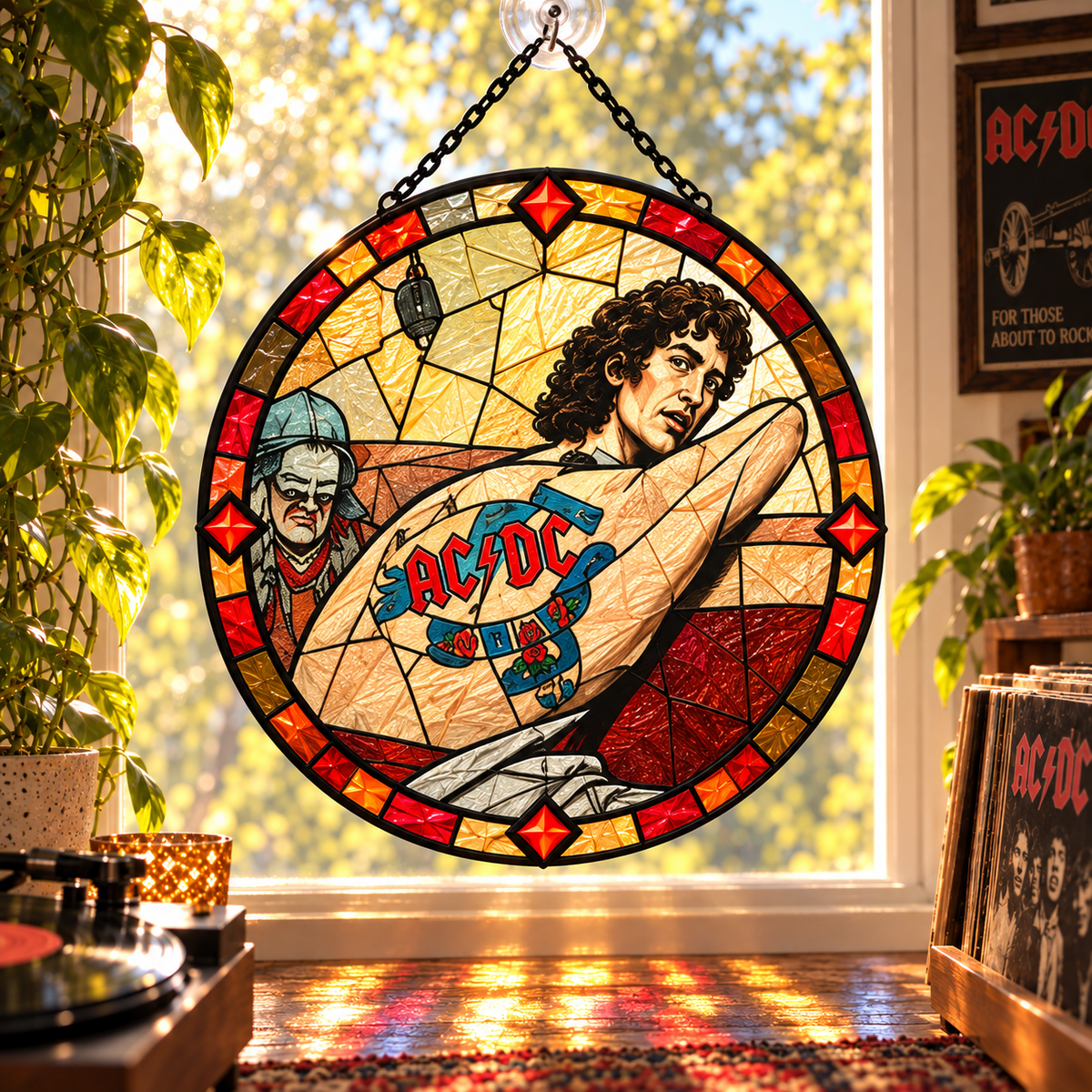 AC/DC Suncatcher, 9 Album Stained Glass Window Hanging, High Voltage Powerage Highway to Hell Classic Rock Gift