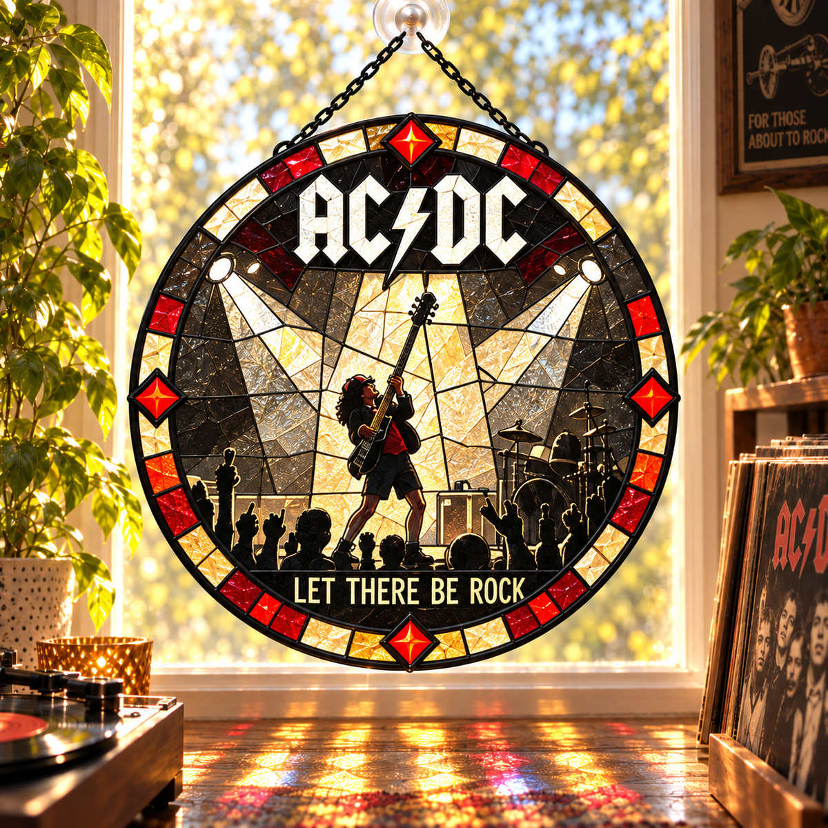 AC/DC Suncatcher, 9 Album Stained Glass Window Hanging, High Voltage Powerage Highway to Hell Classic Rock Gift