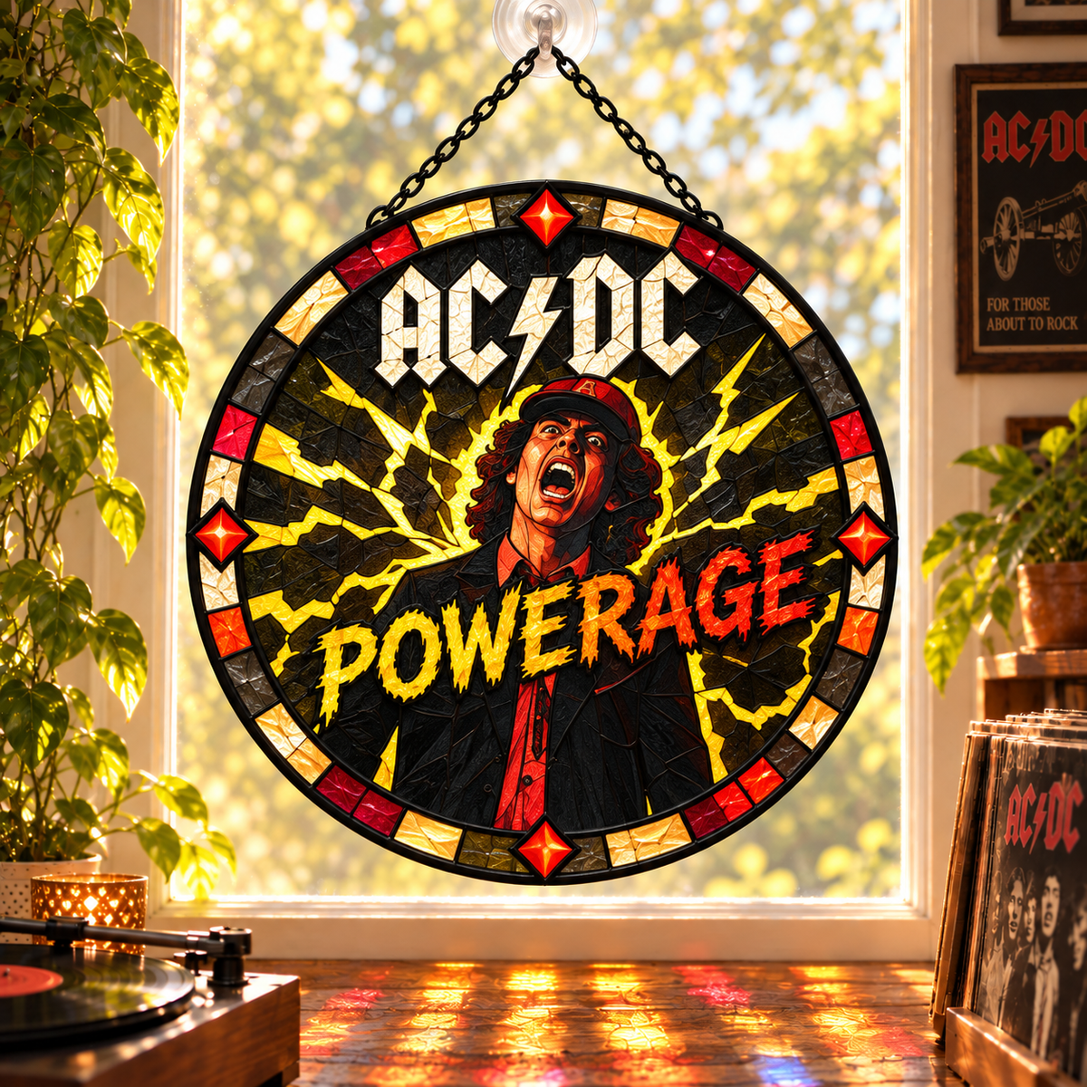AC/DC Suncatcher, 9 Album Stained Glass Window Hanging, High Voltage Powerage Highway to Hell Classic Rock Gift