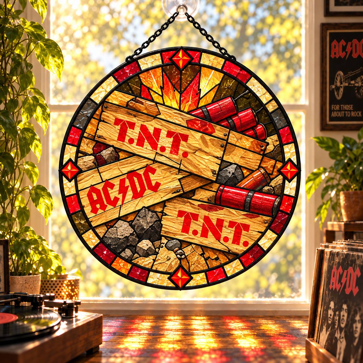 AC/DC Suncatcher, 9 Album Stained Glass Window Hanging, High Voltage Powerage Highway to Hell Classic Rock Gift