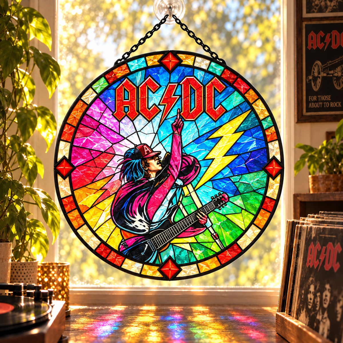 AC/DC Suncatcher, 9 Album Stained Glass Window Hanging, High Voltage Powerage Highway to Hell Classic Rock Gift