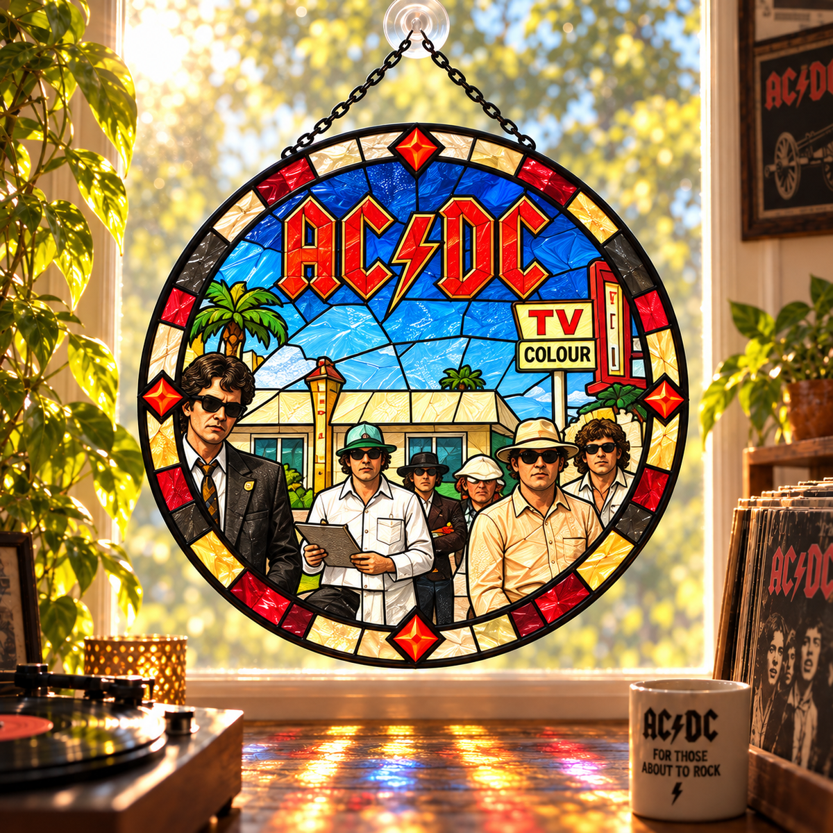 AC/DC Suncatcher, 9 Album Stained Glass Window Hanging, High Voltage Powerage Highway to Hell Classic Rock Gift