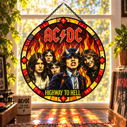 AC/DC Suncatcher, 9 Album Stained Glass Window Hanging, High Voltage Powerage Highway to Hell Classic Rock Gift