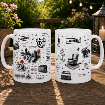 Radiohead Icon Collage Mug, OK Computer Kid A and In Rainbows Coffee Cup, Alternative Rock Fan Gift