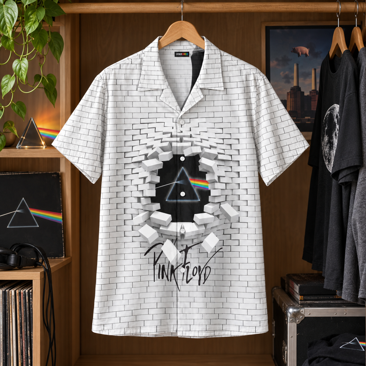 Pink Floyd Hawaiian Shirt, The Wall Brick Breakthrough Button Up, Dark Side Prism Rock Shirt, Psychedelic Classic Rock Fan Gift