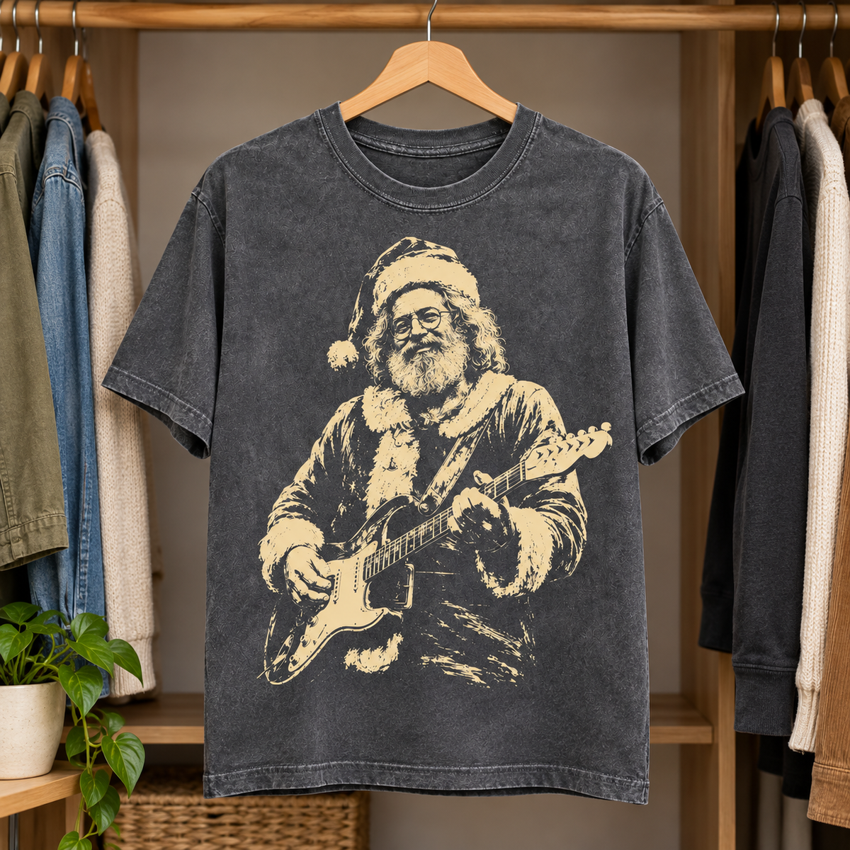 Jerry Garcia Christmas T-Shirt, Santa Claus Graphic Tee, Vintage Deadhead Holiday Shirt, Retro Rock Christmas Gift, Washed Black Tee