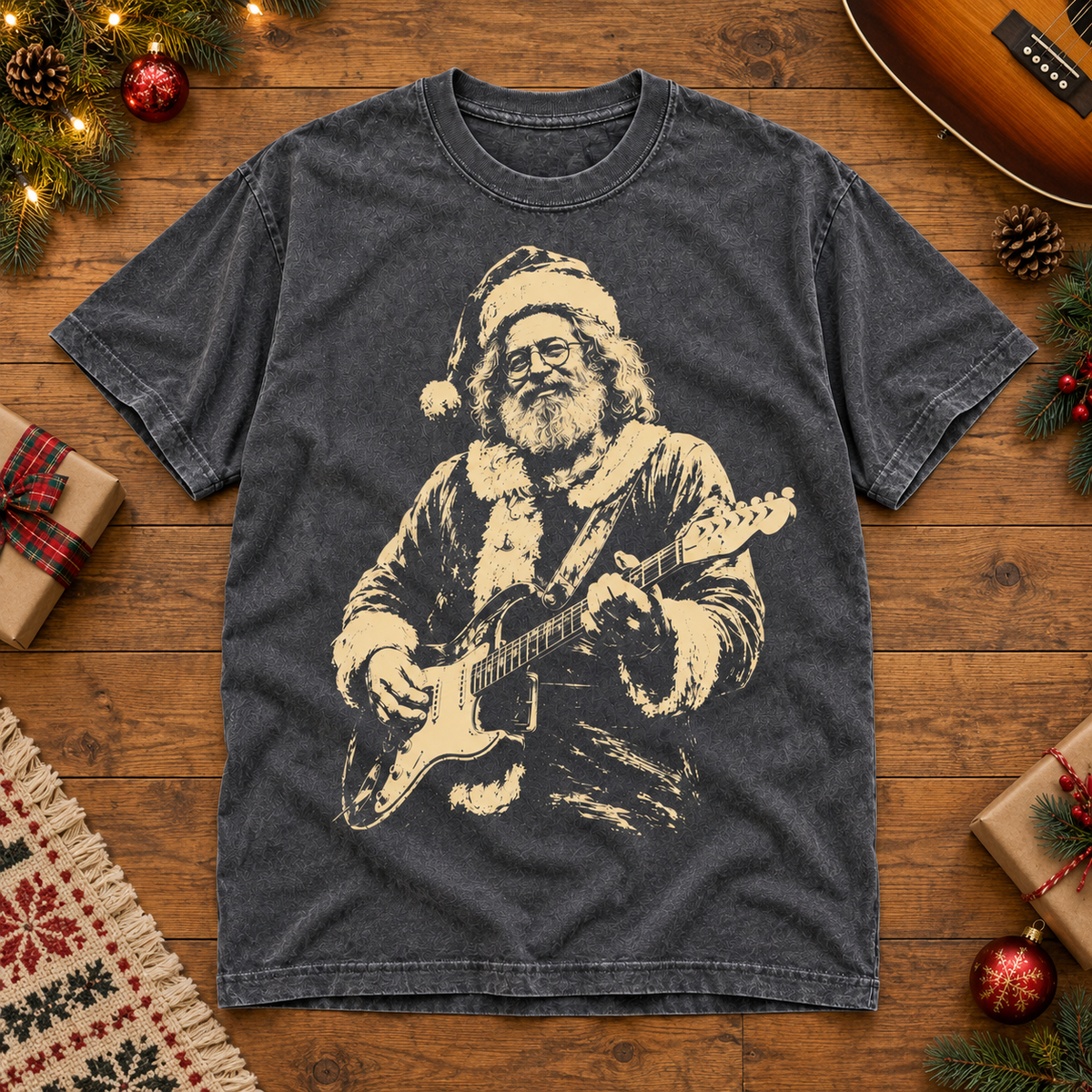 Jerry Garcia Christmas T-Shirt, Santa Claus Graphic Tee, Vintage Deadhead Holiday Shirt, Retro Rock Christmas Gift, Washed Black Tee
