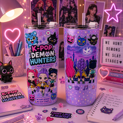 K-Pop Demon Hunters 20oz Kids Tumbler – Cute Chibi Anime K-Pop Fan Stainless Steel Travel Mug, Double-Wall Insulated Cup Gift