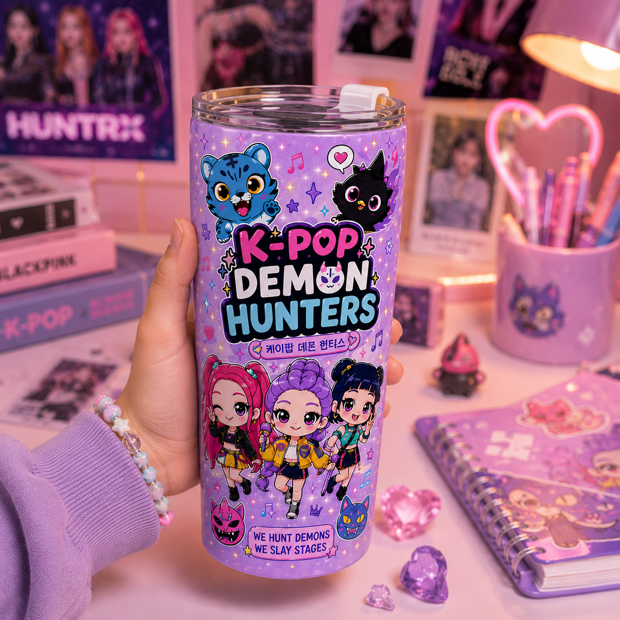 K-Pop Demon Hunters 20oz Kids Tumbler – Cute Chibi Anime K-Pop Fan Stainless Steel Travel Mug, Double-Wall Insulated Cup Gift