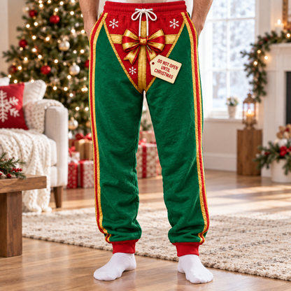 Santa's "Package" Sweatpants, Red Green Holiday Joggers, Bow & Snowflake Pajama Pants, Do Not Open Until Christmas Festive Gift