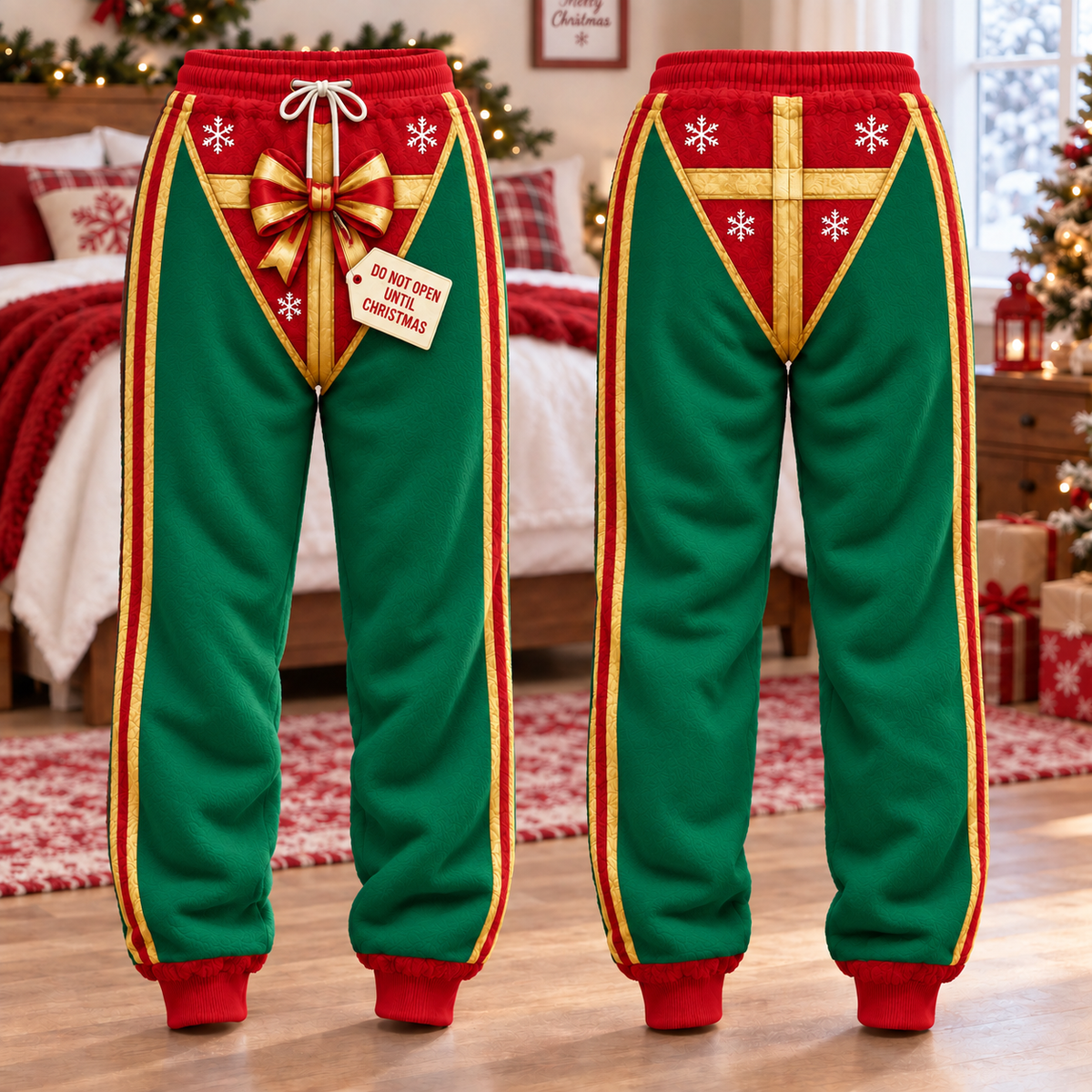 Santa's "Package" Sweatpants, Red Green Holiday Joggers, Bow & Snowflake Pajama Pants, Do Not Open Until Christmas Festive Gift