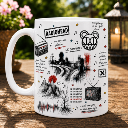 Radiohead Icon Collage Mug, OK Computer Kid A and In Rainbows Coffee Cup, Alternative Rock Fan Gift