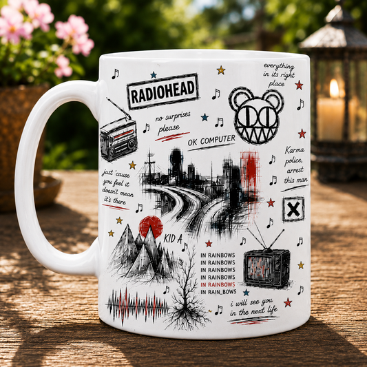 Radiohead Icon Collage Mug, OK Computer Kid A and In Rainbows Coffee Cup, Alternative Rock Fan Gift