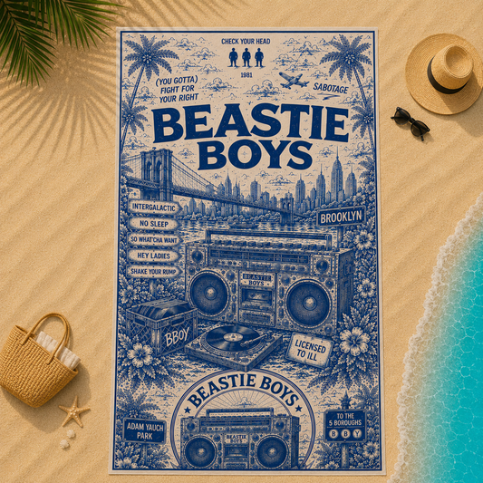 Beastie Boys Beach Towel – Vintage Brooklyn Hip Hop Toile Design Featuring No Sleep Till Brooklyn & Classic Boombox Art