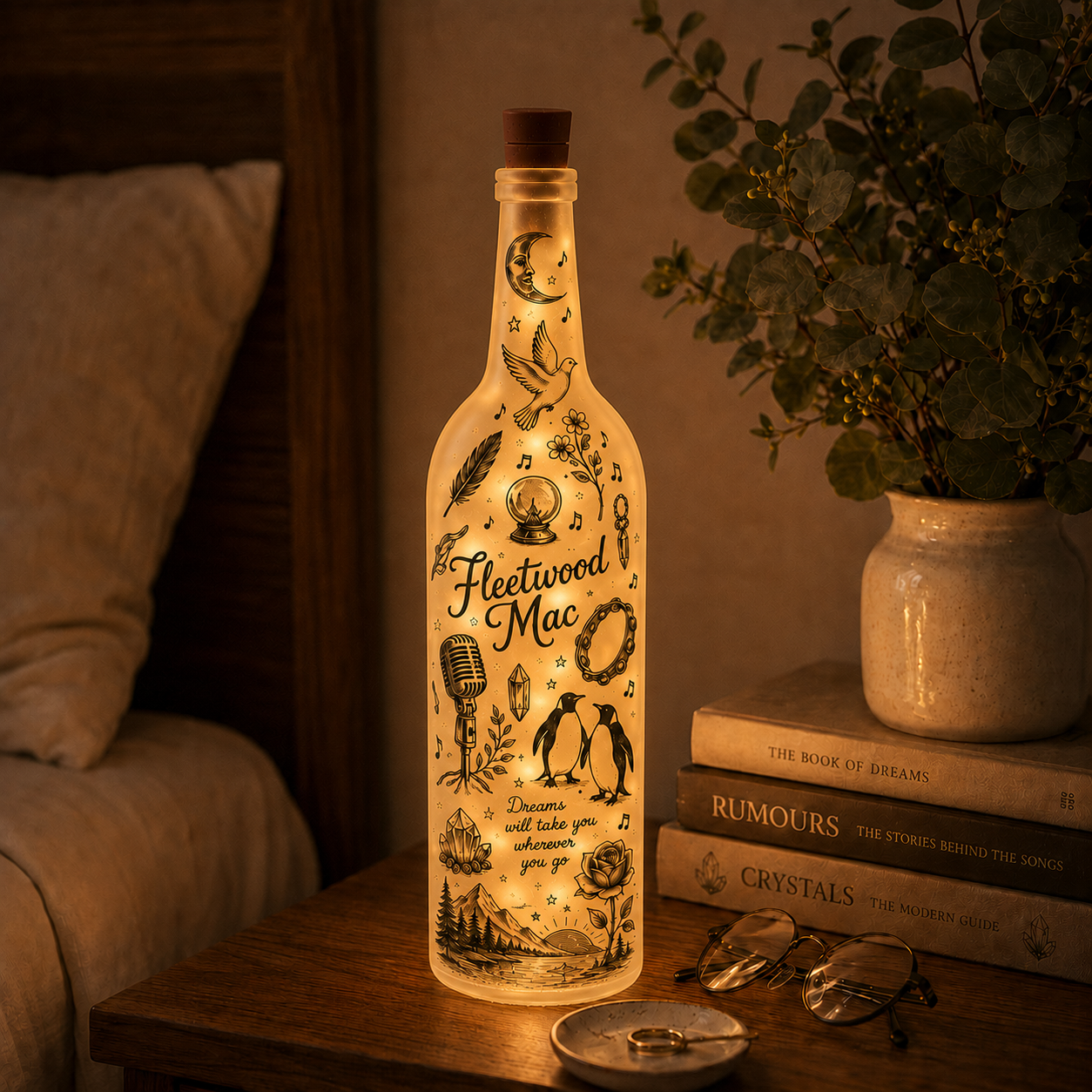 Fleetwood Mac Inspired Lighted Bottle Lamp – Rumours Music Decor, Boho Bedroom Night Light, Gift for Classic Rock Fans