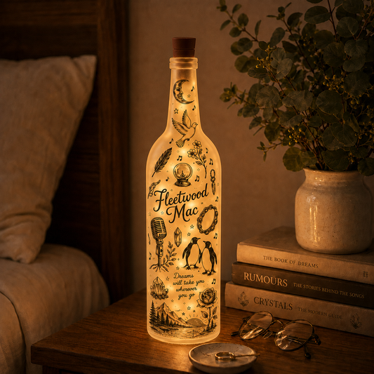 Fleetwood Mac Inspired Lighted Bottle Lamp – Rumours Music Decor, Boho Bedroom Night Light, Gift for Classic Rock Fans