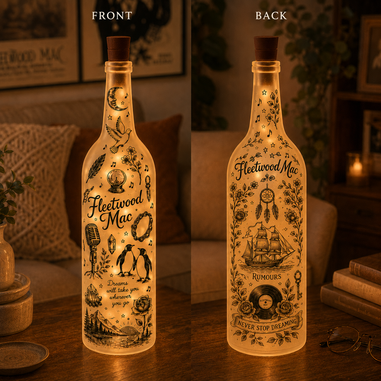 Fleetwood Mac Inspired Lighted Bottle Lamp – Rumours Music Decor, Boho Bedroom Night Light, Gift for Classic Rock Fans