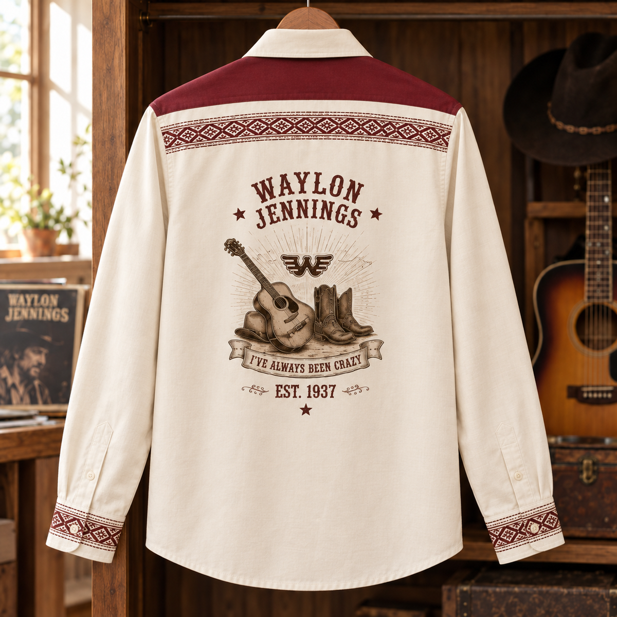 Waylon Jennings Long Sleeve Shirt – Outlaw Country Western Button Up, Vintage Cowboy Guitar Shirt, Texas Country Music Fan Gift