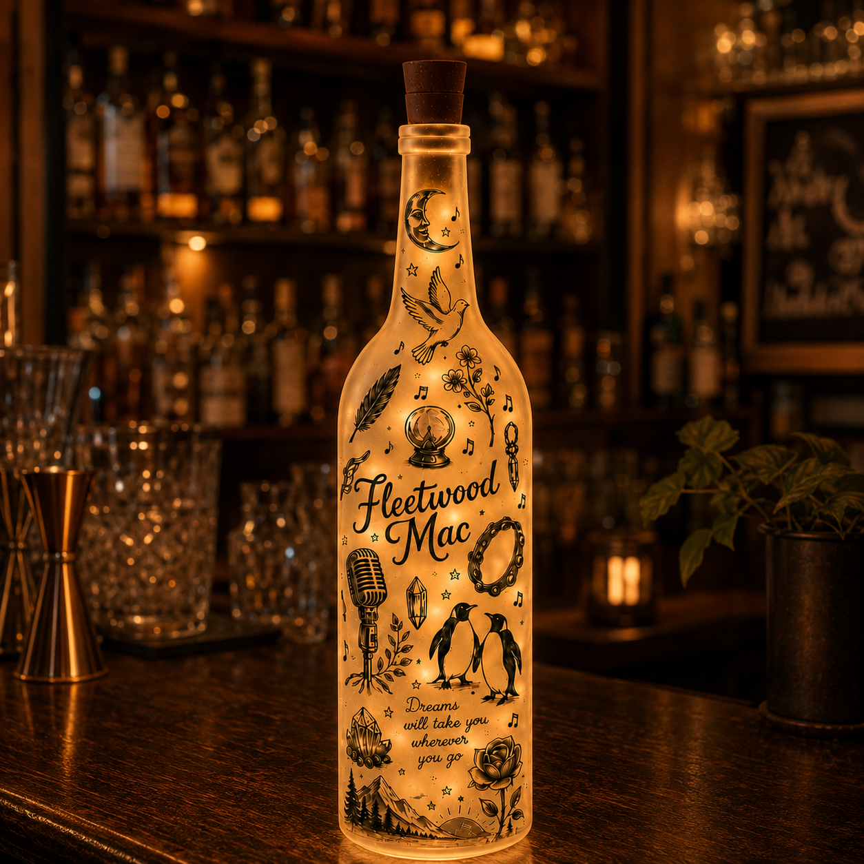 Fleetwood Mac Inspired Lighted Bottle Lamp – Rumours Music Decor, Boho Bedroom Night Light, Gift for Classic Rock Fans