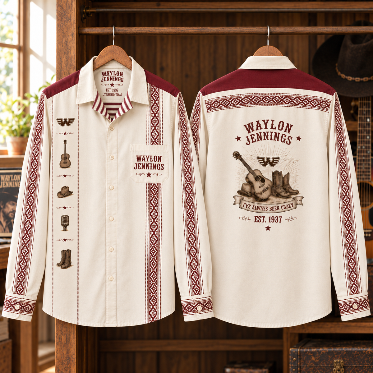 Waylon Jennings Long Sleeve Shirt – Outlaw Country Western Button Up, Vintage Cowboy Guitar Shirt, Texas Country Music Fan Gift