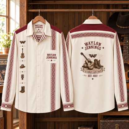 Waylon Jennings Long Sleeve Shirt – Outlaw Country Western Button Up, Vintage Cowboy Guitar Shirt, Texas Country Music Fan Gift