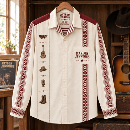 Waylon Jennings Long Sleeve Shirt – Outlaw Country Western Button Up, Vintage Cowboy Guitar Shirt, Texas Country Music Fan Gift