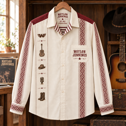 Waylon Jennings Long Sleeve Shirt – Outlaw Country Western Button Up, Vintage Cowboy Guitar Shirt, Texas Country Music Fan Gift