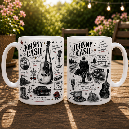 Johnny Cash Icon Collage Mug, Ring of Fire and Folsom Prison Blues Coffee Cup, Country Music Fan Gift
