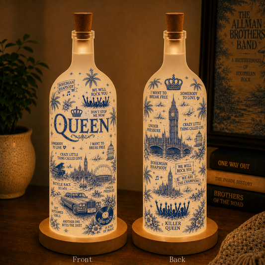 Queen Bottle Lamp – Handmade LED Glass Bottle Lamp, Vintage Queen Band Night Light Gift for Rock Music Fans
