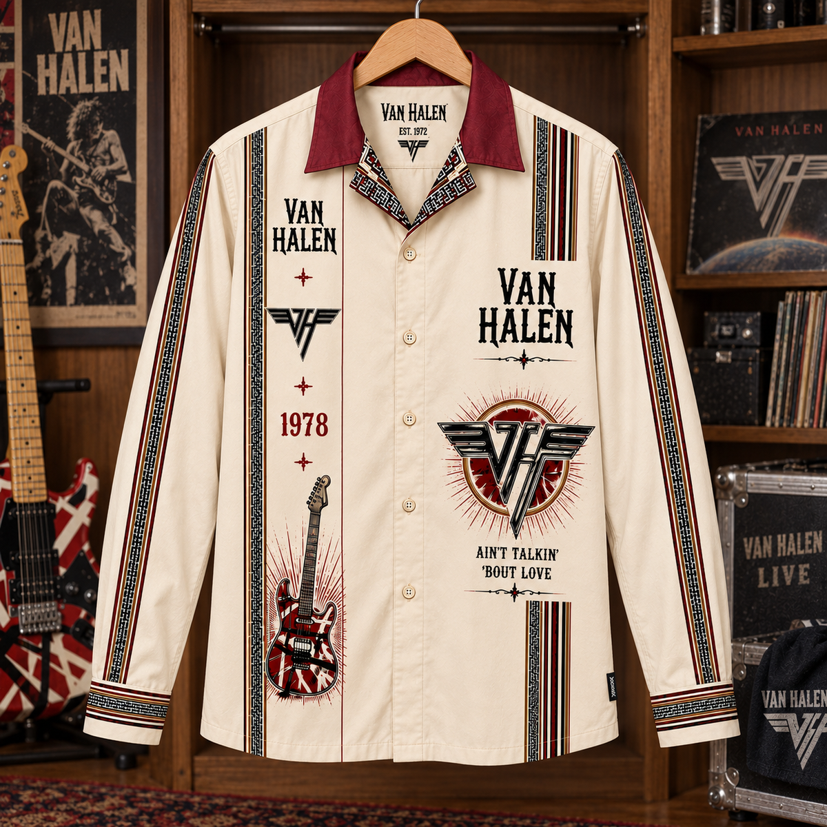 Van Halen Long Sleeve Shirt – 1978 Vintage Rock Button Up, Winged VH Logo & Striped Guitar Shirt, Classic Hard Rock Fan Gift