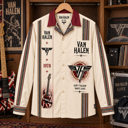 Van Halen Long Sleeve Shirt – 1978 Vintage Rock Button Up, Winged VH Logo & Striped Guitar Shirt, Classic Hard Rock Fan Gift