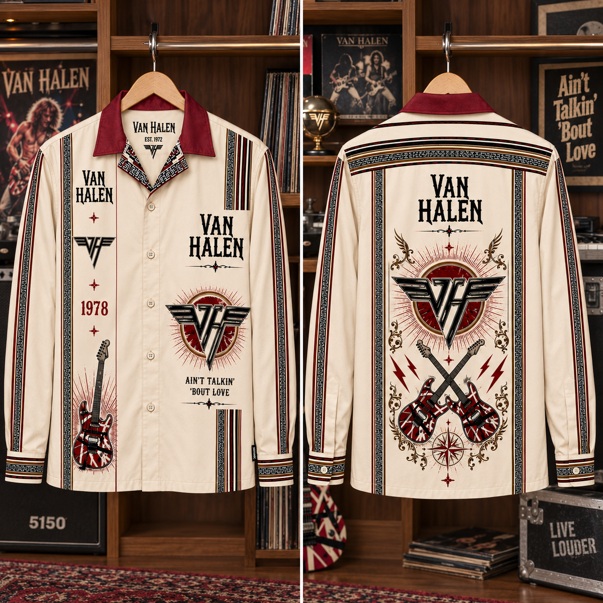 Van Halen Long Sleeve Shirt – 1978 Vintage Rock Button Up, Winged VH Logo & Striped Guitar Shirt, Classic Hard Rock Fan Gift