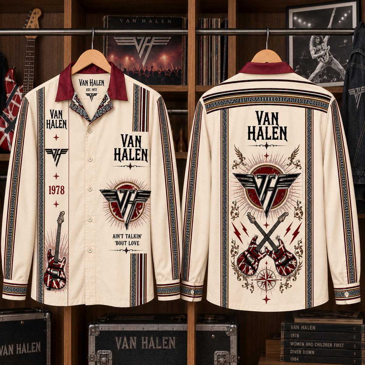 Van Halen Long Sleeve Shirt – 1978 Vintage Rock Button Up, Winged VH Logo & Striped Guitar Shirt, Classic Hard Rock Fan Gift