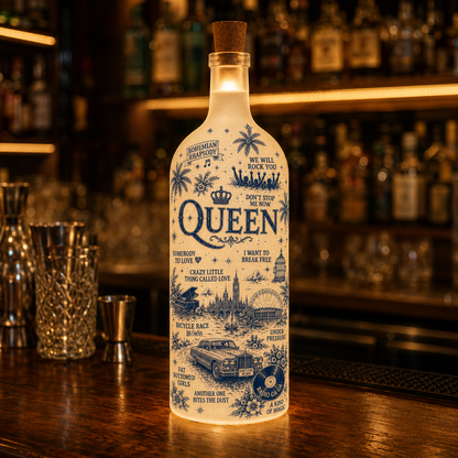 Queen Bottle Lamp – Handmade LED Glass Bottle Lamp, Vintage Queen Band Night Light Gift for Rock Music Fans