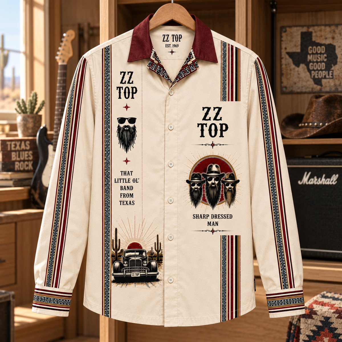 ZZ Top Long Sleeve Shirt – Sharp Dressed Man Vintage Button Up, Texas Blues Rock Hot Rod Shirt, Classic Rock Fan Gift
