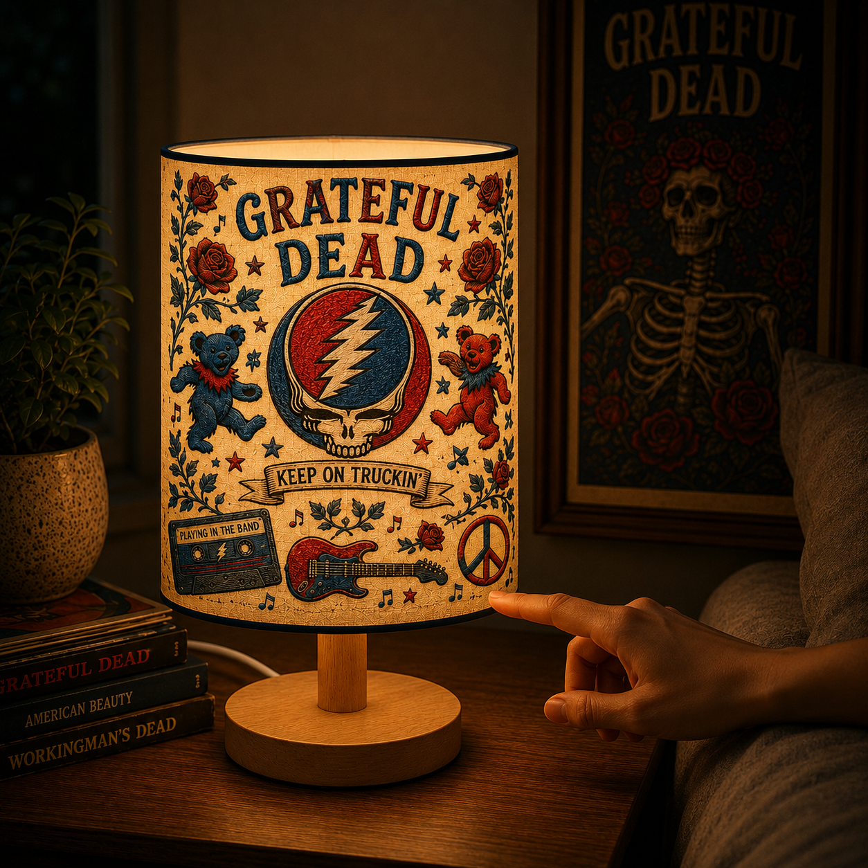 Grateful Dead Fabric Table Lamp – Music Room Decor Wooden Bedside Lamp