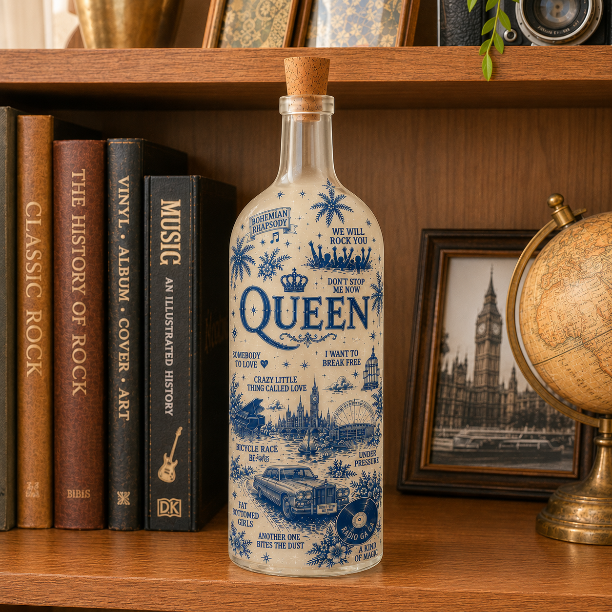 Queen Bottle Lamp – Handmade LED Glass Bottle Lamp, Vintage Queen Band Night Light Gift for Rock Music Fans