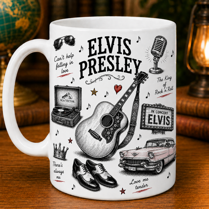 Elvis Presley Sketch Coffee Mug - Vintage Rock 'n' Roll Ceramic Mug - The King of Rock and Roll Gift for Elvis Fans