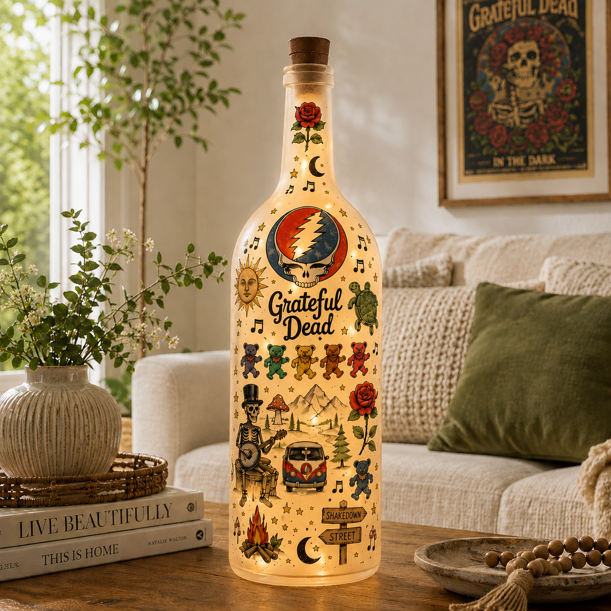 Grateful Dead Bottle Lamp – Touch of Grey & Dancing Bears Light, Psychedelic Rock Decor Gift for Deadheads