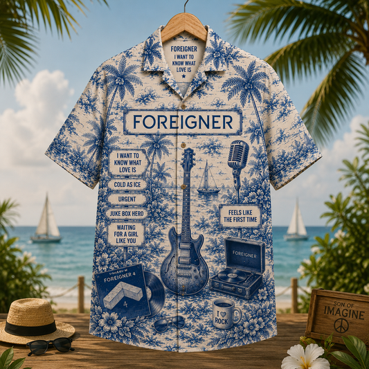 Foreigner Hawaiian Shirt – Vintage Tropical Rock Button-Up Featuring I Want to Know What Love Is, Cold as Ice & Juke Box Hero