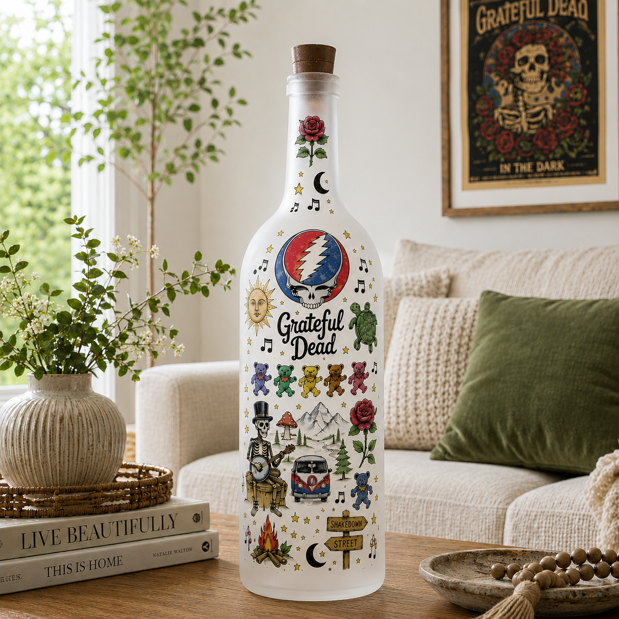 Grateful Dead Bottle Lamp – Touch of Grey & Dancing Bears Light, Psychedelic Rock Decor Gift for Deadheads