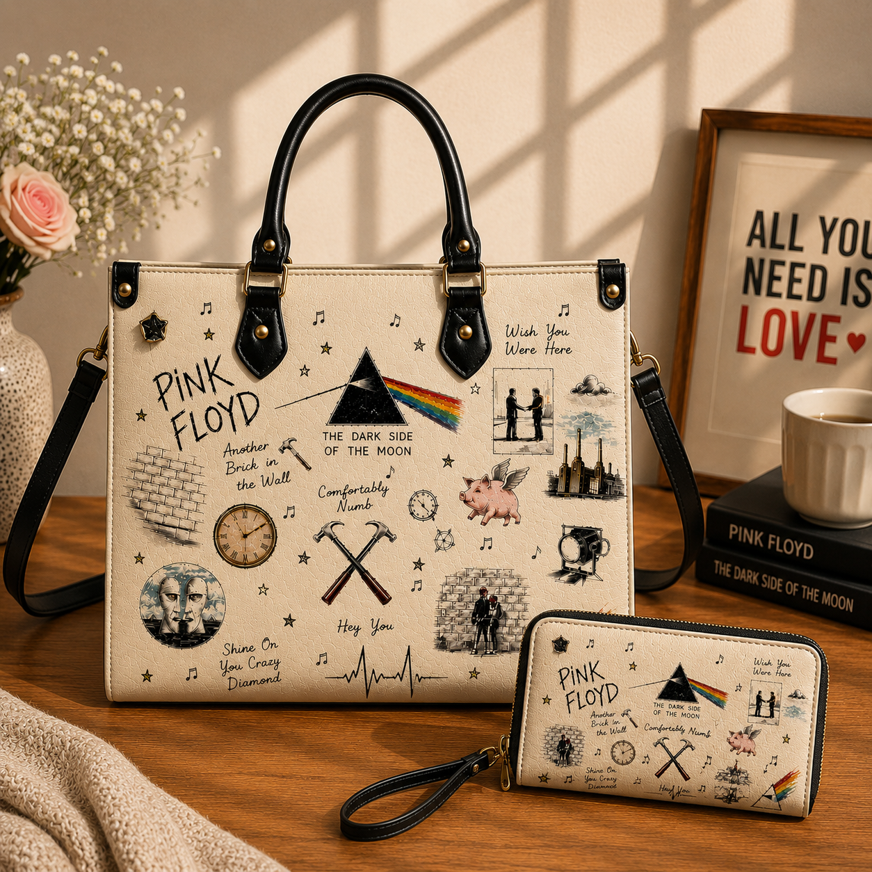 Pink Floyd Sketch Icon Handbag, Tote Bag and Wallet Set, Dark Side of the Moon Classic Rock Accessories, Pink Floyd Fan Gift