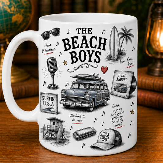 The Beach Boys Sketch Ceramic Mug, Vintage Surf Rock Coffee Mug, Good Vibrations Gift, Beach Boys Fan Gift