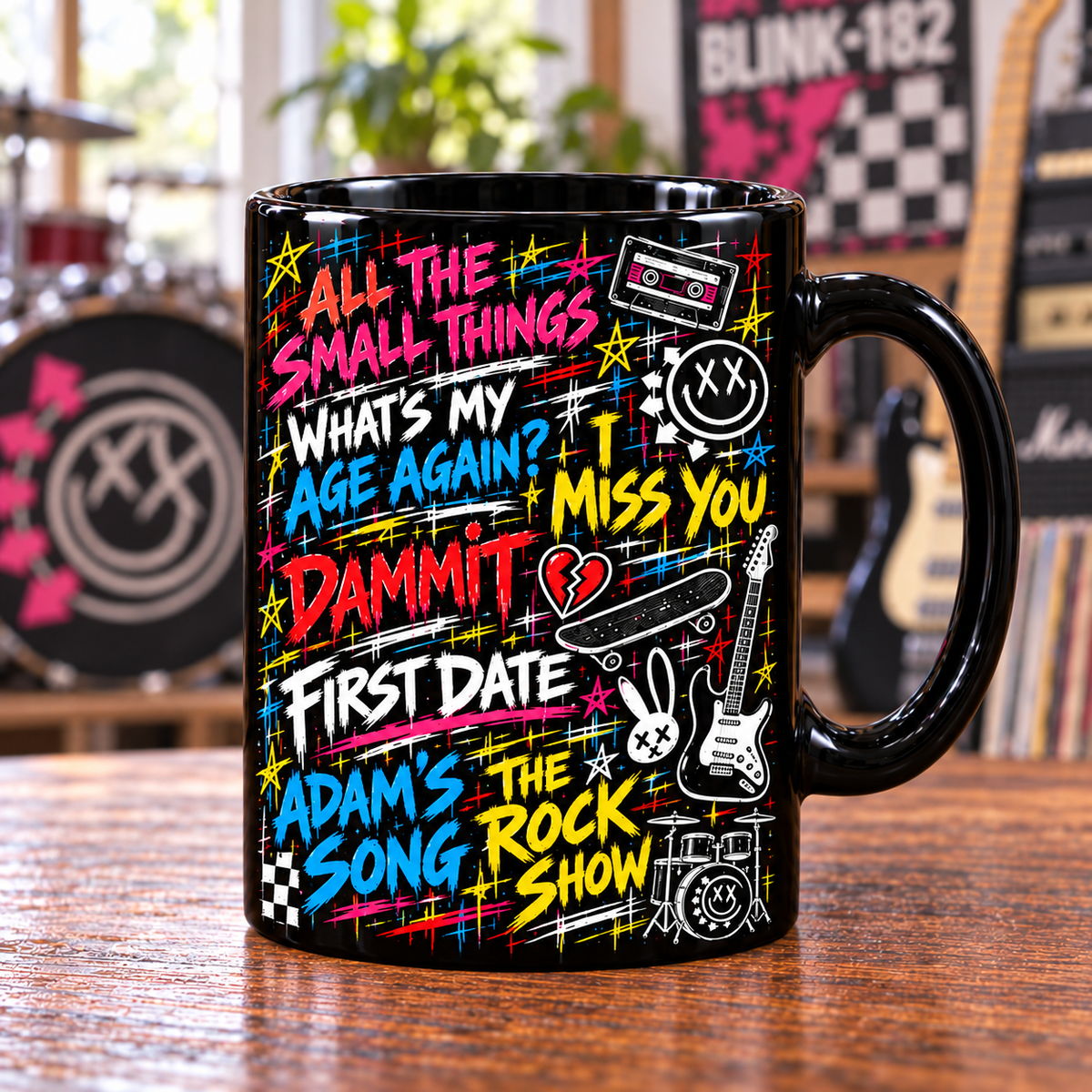 Blink-182 Graffiti Mug, All the Small Things I Miss You Coffee Cup, Pop Punk Smiley Street Art Music Gift